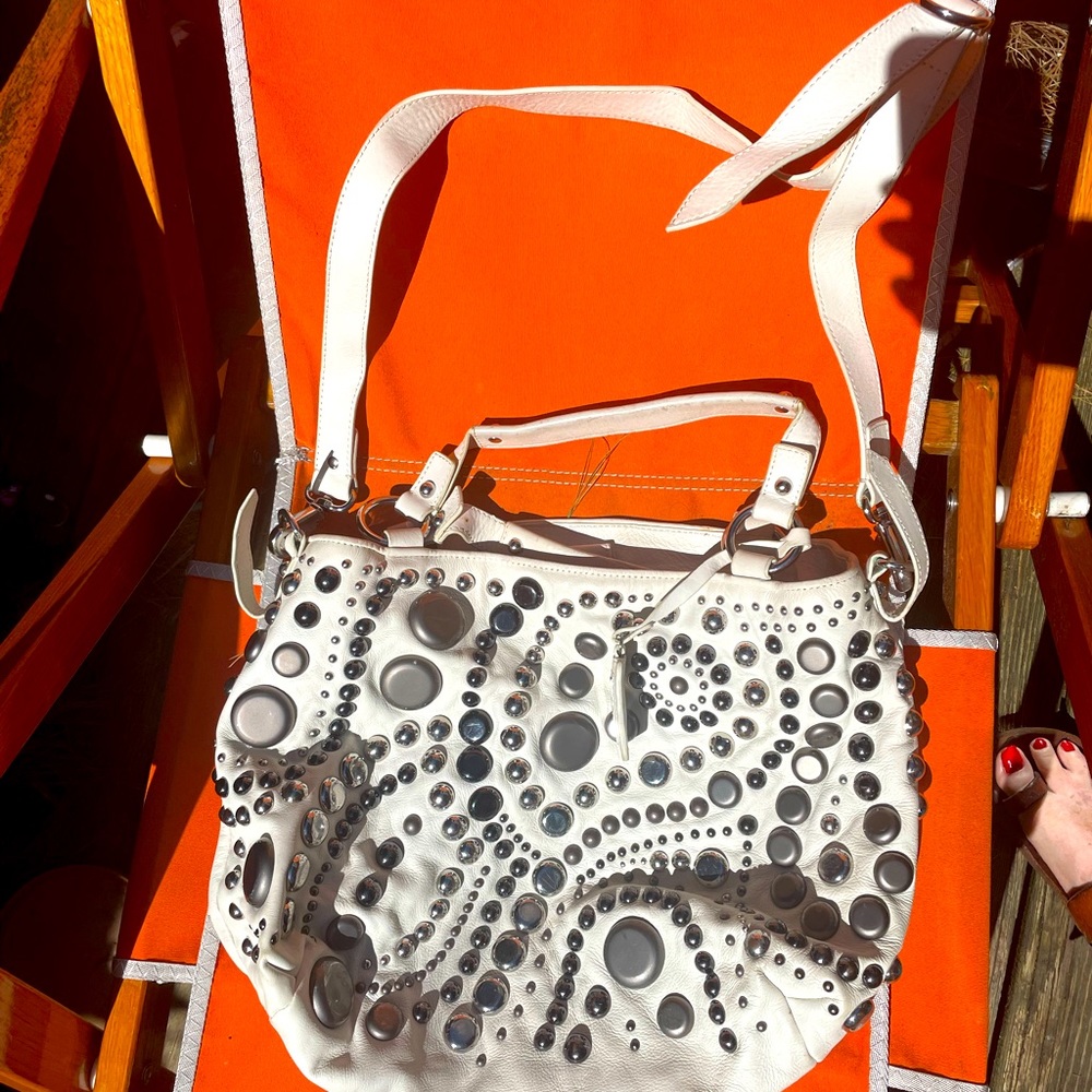 Karin Milllen UK white studded leather BOho shoulder Bag whandles 0/P US$1,100